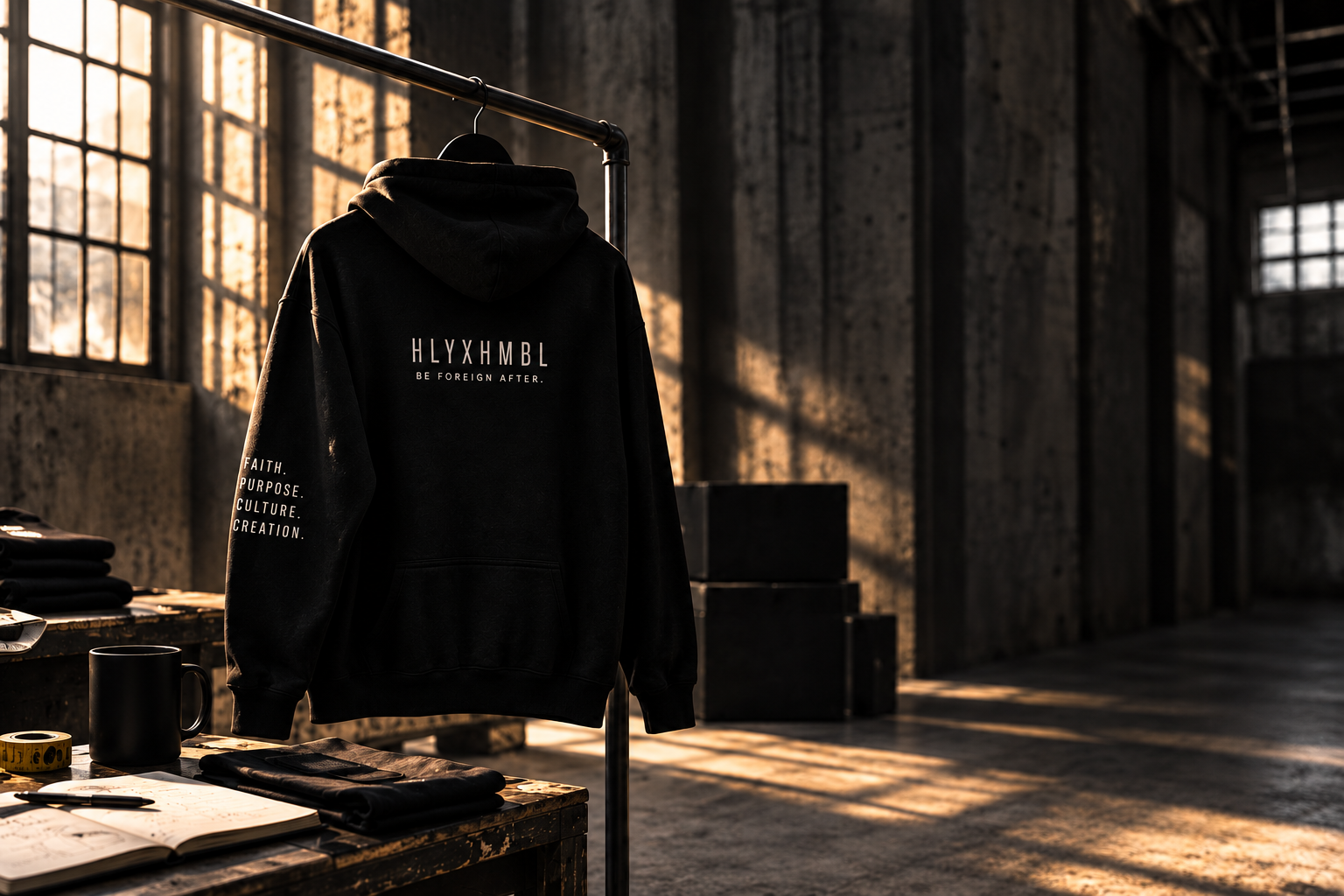 Black HLYXHMBL hoodie hanging in a warmly lit studio